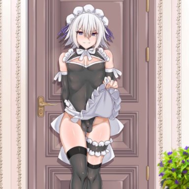 1boy, 1male, blue eyes, bulge, clothing, crossdressing, dick, dress, femboy, girly, looking at viewer, maid, maid uniform, male only, panties