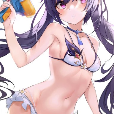 bikini, collar, genshin impact, keqing (genshin impact), magenta eyes, purple hair, watergun, yanggang