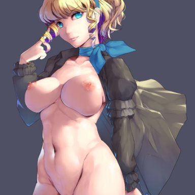 1girls, big breasts, blonde hair, blue eyes, bottomless, constance (fire emblem), constance von nuvelle, female, female focus, female only, fire emblem, fire emblem: three houses, harihisa, jacket, large breasts