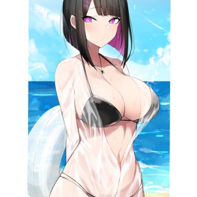 1girls, beach, bikini, breasts, floatie, midriff, necklace, only female, purple eyes, red potato rinrin, see-through clothing