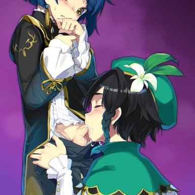 [email protected], 2boys, bangs, beret, black hair, black jacket, black shorts, blue hair, blush, cape, capelet, commentary request, cum, cum in mouth, earrings