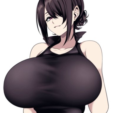 big breasts, black hair, breast, camui kamui, cute, dark hair, ear piercing, eyelashes, eyeliner, huge breasts, large breasts, red eyes, round breasts, seductive, seductive eyes