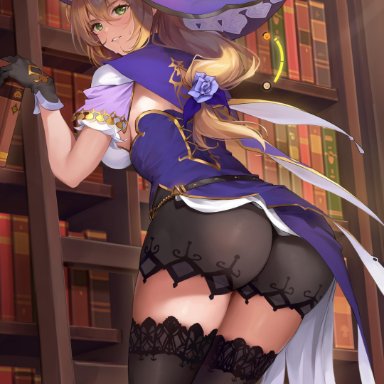 1girls, ass, bangs, big ass, black gloves, black legwear, book, bookshelf, dress, female, flower, genshin impact, gloves, green eyes, hat