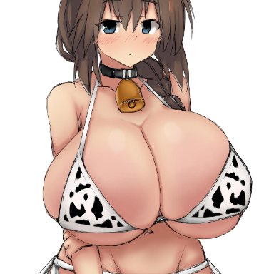 aytk023, bell collar, big breasts, blue eyes, bra, breasts, brown hair, cow print, female, female only, gigantic breasts, huge breasts, kantai collection, shigure (kantai collection), solo