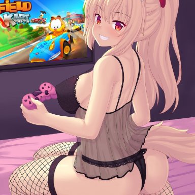 1girls, 2020, animal ear fluff, animal ears, artist name, ass, babydoll, back, bare arms, bare shoulders, bed, big ass, black panties, blonde hair, bow