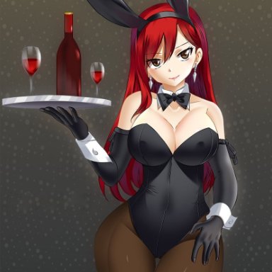 bowtie, brown eyes, bunny costume, bunny ear, bunny girl, bunnysuit, cleavage, collar, cuffs, earrings, edit, erza scarlet, fairy tail, gloves, lipstick