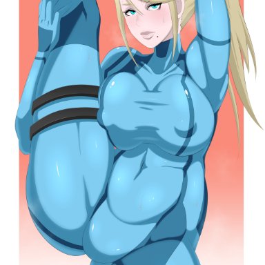 belly, big breasts, big nipples, bimbo, blonde hair, holding leg, holding leg up, leg grab, legs up, looking at viewer, metroid, nintendo, re411, samus aran, standing split