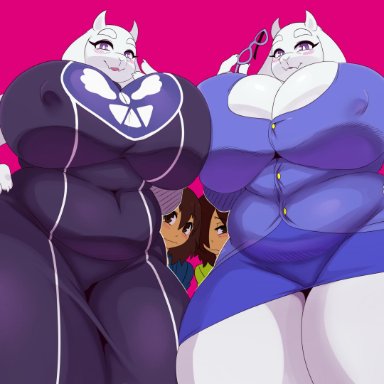 2girls, ambiguous gender, anthro, ass, big ass, big breasts, blush, boss monster, bovid, breasts, caprine, claws, clothing, cute, female