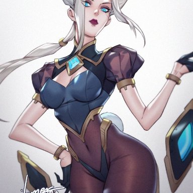 blue eyes, bunny ears, bunny tail, bunnysuit, camille (league of legends), citemer, front view, league of legends, white hair