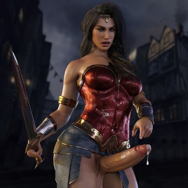 1futa, 3d, black hair, blue eyes, busty, dc, dc comics, diana prince, futanari, hourglass figure, long hair, nordfantasy, penis, pinup, pinup pose