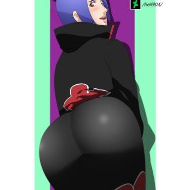 1girls, akatsuki (naruto), ass, back view, big ass, blue hair, cloak, clothing, dat ass, eyeshadow, female, female only, flower, fully clothed, hair ornament