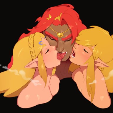 1girls, 2boys, absurdres, combos-n-doodles, female, femboy, french kiss, ganondorf, gerudo, girly, highres, hylian, kissing, link, male