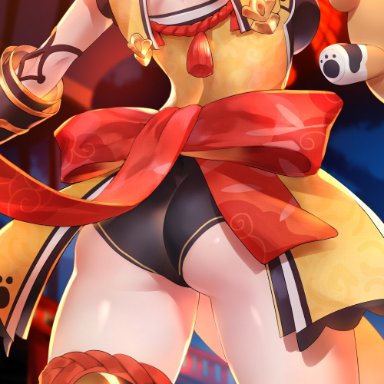 ass, ass focus, black shorts, boots, bow, bowtie, china dress, chinese clothes, close-up, dress, female, from behind, genshin impact, gouba (genshin impact), head out of frame