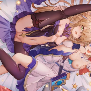 2girls, barbara (genshin impact), blonde hair, breasts, censored, dress, eyepatch, fischl (genshin impact), genshin impact, jinjide shaonian, long hair, navel, nipples, no bra, nopan