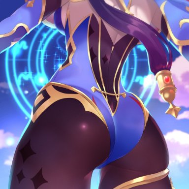 ass, ass focus, bare shoulders, blue sky, breasts, cloud, commentary request, day, detached sleeves, female, from behind, genshin impact, head out of frame, highres, leotard