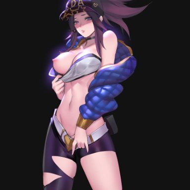 akali, brown hair, female, female only, healthy slim&young body, k/da akali, league of legends, looking at viewer, medium breasts, medium hair, partially clothed, purple eyes, solo female, tagme, white skin