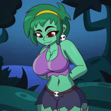 animated, bikini, green hair, green skin, pinup, red eyes, rottytops, shadowthespirit, shantae, stripping, taking clothes off, underwear, zombie girl