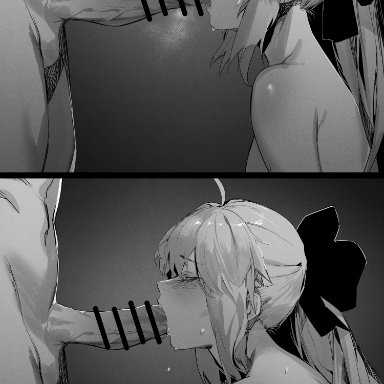 1boy, absurdres, ahoge, artoria pendragon, artoria pendragon (caster), bangs, bow, breasts, erection, fate (series), fate/grand order, fellatio, female, greyscale, hairbow