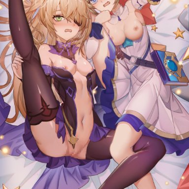 ;d, 2girls, absurdres, arm up, armpits, barbara (genshin impact), bare legs, bare shoulders, bed sheet, black legwear, blonde hair, blush, breasts, breasts outside, censored