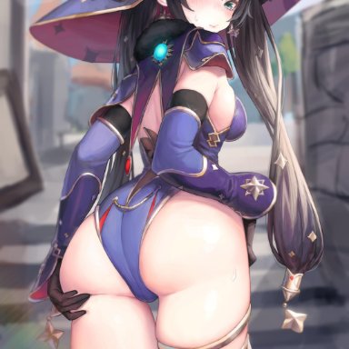 1girls, absurd res, ass, ass grab, blush, breasts, embarrassed, female, from behind, genshin impact, hi res, leotard, mona (genshin impact), no legwear, sweatdrop