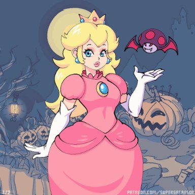 1girls, animated, blonde, blue eyes, boobs, bouncing breasts, breast expansion, breast jiggle, crown, dress, fangs, female only, halloween, jack-o'-lantern, mario (series)