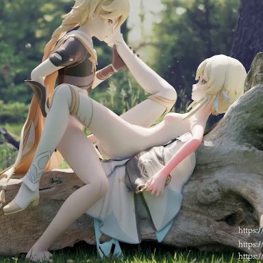 16:9 aspect ratio, 1boy, 1girl, 3d, aether (genshin impact), animated, ass, bad anatomy, blonde, boots, braid, breasts, brother and sister, extremely large filesize, female