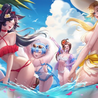 ahri, beach, black hair, blonde hair, blue eyes, blue hair, brown hair, citemer, d.va, league of legends, mercy, overwatch, pool party ahri, rem (re:zero), yellow eyes