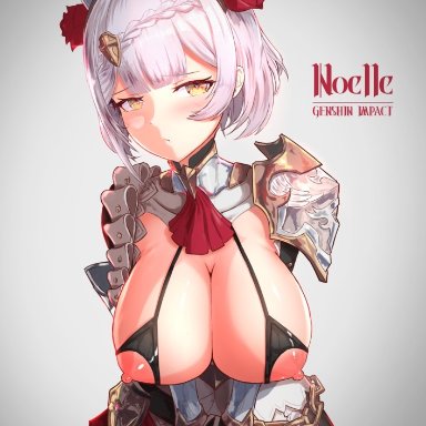 areolae, blush, cleavage, embarrassed, female, female knight, genshin impact, large breasts, looking at viewer, maid, nipples, nipples visible through clothing, noelle (genshin impact), purple hair, sexy