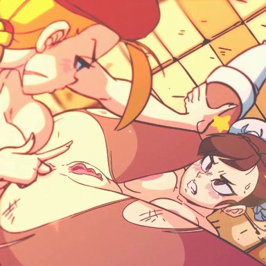 2girls, anal penetration, animated, blonde, blush, braid, brown eyes, brown hair, cammy white, chun-li, clenched teeth, crotch cutout, diives, double bun, ejaculation