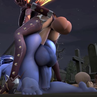 2futas, 3d, all fours, ambiguous penetration, animated, back, back view, balls touching, bare legs, barefoot, blue skin, clothed, clothing, cum, cum inflation