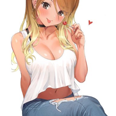 :p, 1girls, ameyame, big breasts, blonde hair, blush, breasts, brown eyes, brown hair, candy, choker, cleavage, collarbone, crop top, denim