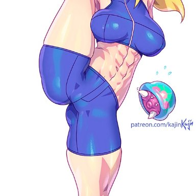 1girls, abs, big breasts, bimbo, breasts, female, female only, kajinman, large breasts, lip biting, metroid, metroid (creature), nintendo, samus aran, seductive smile