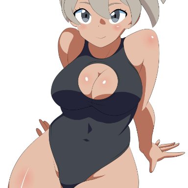 1girls, alternate hairstyle, bea (pokemon), big breasts, breasts, chelsea cola, cleavage cutout, eye contact, female, grey eyes, grey hair, hair ribbon, looking at viewer, nintendo, one-piece swimsuit