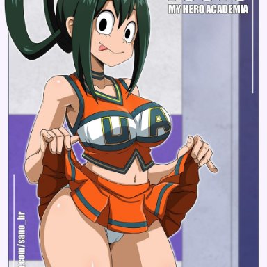 cheerleader, fully clothed, green hair, my hero academia, navel, panties, tagme, text, tongue out, tsuyu asui