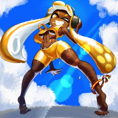 1girls, big breasts, breasts, dark skin, female, female only, golden, inkling, inkling girl, minus8, nintendo, orange hair, shorts, splatoon, tentacle