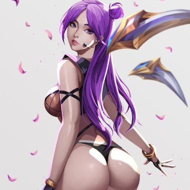 big ass, big breasts, big butt, black panties, bra, bracelet, fit, fit female, flower petals, gloves, k/da kai'sa, k/da series, kai'sa, league of legends, looking at viewer