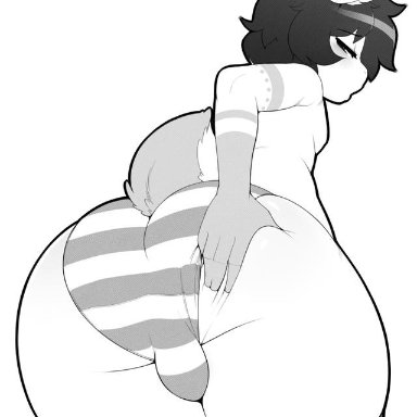 1boy, 3mangos, artist signature, ass, ass grab, black and white, black hair, borrowed character, bulge, bunbun (thiccbuns), femboy, lagomorph, male, male only, monochrome