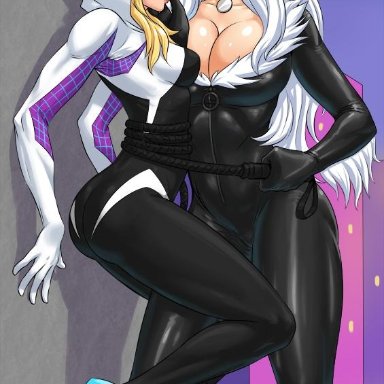 2girls, adult, ass, big breasts, black cat, black cat (marvel), blonde hair, breasts, bubble ass, bubble butt, cleavage, cleavage cutout, curvaceous, curves, curvy