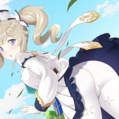 :o, ass, bangs, barbara (genshin impact), blue eyes, blue sky, blush, brown hair, cloud, commentary request, dress, drill hair, dutch angle, eyebrows visible through hair, female