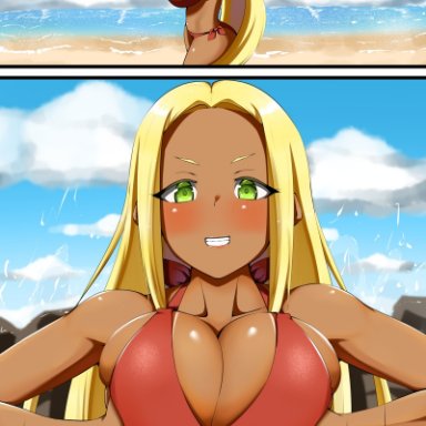 1boy, 1boy1girl, 1girls, adult, bikini, bikini bottom, bikini top, blonde hair, boobjob, breast press, breasts, cider1289, cleavage, creatures (company), dark skin