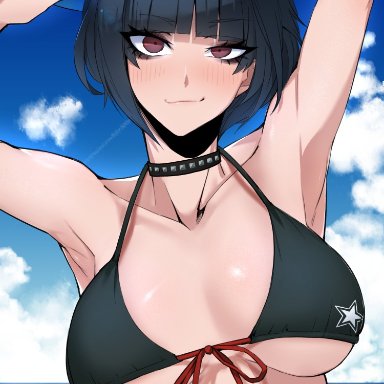 1girls, artist signature, atlus, bikini, choker, j.k., looking at viewer, ocean, persona, persona 5, sega, smile, smirk, solo, solo female