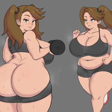 1girls, ass, belly, big breasts, big butt, bloomers, bottom heavy, brown hair, chubby, chubby female, citrus doodles, exercise, eye contact, fat ass, female