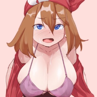 47k, absurdres, assisted exposure, bandana, bike shorts, blue eyes, blush, bra, breasts, brown hair, cleavage, collarbone, creatures (company), female, game freak