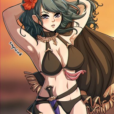 armpits, arms behind head, arms up, bare legs, bare thighs, big breasts, bikini, black bikini, black swimsuit, blue eyes, breasts, byleth (female), byleth (fire emblem), byleth (fire emblem) (female), cape