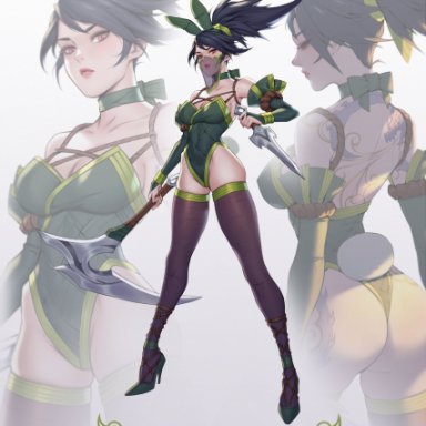 akali, ass, back view, black hair, brown eyes, bunny ears, bunny tail, bunnysuit, citemer, female, front view, league of legends