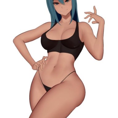 aqua (konosuba), biriyb, black underwear, blue hair, kono subarashii sekai ni shukufuku wo!, long hair, seductive look, sports bra, tagme, underwear