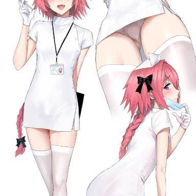 :d, 1boy, androgynous, arms behind back, ass, ass visible through thighs, astolfo (fate), bangs, black bow, blush, bow, braid, bulge, closed mouth, dress