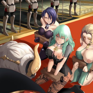 4girls, angry, bare legs, bare shoulders, big breasts, blue eyes, blue hair, bondage, boots, breasts outside, brown hair, byleth (female), byleth (fire emblem), byleth (fire emblem) (female), choker