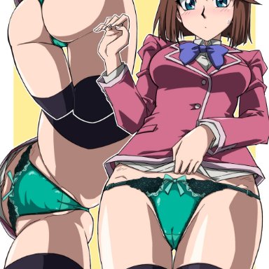 aqua eyes, ass, big breasts, brown hair, cameltoe, clothed, lace-trimmed panties, moesino, panties, pussy focus, school uniform, shirt pull, skirt removed, tea gardner, thighhighs