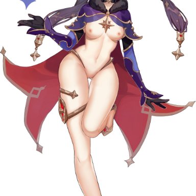 breasts, collar, detached sleeves, edit, female, female focus, female only, genshin impact, legs, mona (genshin impact), pussy, thick thighs, thigh gap, turquoise eyes, twintails